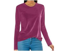 Generisch Damen Samt Oberteile Einfarbiger Retro Glänzende Rundhals Bluse Weiche Bequeme Langarm Shirt Festliche Party Feier Blusen Winter Frühling Formal Langarmshirt(Hot Pink, XXXL)