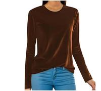 Generisch Damen Samt Oberteile Einfarbiger Retro Glänzende Rundhals Bluse Weiche Bequeme Langarm Shirt Festliche Party Feier Blusen Winter Frühling Formal Langarmshirt(Brown, XL)