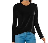 Generisch Damen Samt Oberteile Einfarbiger Retro Glänzende Rundhals Bluse Weiche Bequeme Langarm Shirt Festliche Party Feier Blusen Winter Frühling Formal Langarmshirt(Black, XXXXL)
