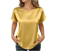 Generisch Damen Satin Bluse Casual Rundhals T-Shirt Elegant Kurzarm Oberteile Top Basic Tunika Shirt Sommer Locker Seidenblusen S-XXL