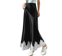 Generisch Damen Satin Rock Elastischer Bund Lang Röcke Elegante A Linie Wickelrock mit Spitze Saum Midirock Einfarbig Leichte Freizeitrock Business Rock Seide Partyrock Abendessen