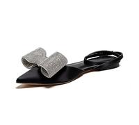 Generisch Damen Satin Schleife Slingback Ballerinas, Spitz zulaufende Zehen Knöchelriemen Glitzer Satin Schuhe Abendkleid Schuhe Hochzeitsfeier,Schwarz,36 EU