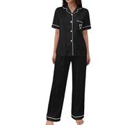 Generisch Damen Schlafanzug Kurzarm Pyjama Set Schlafhose Button Down Bequem Kurzärmelig Nachtwäsche Elastisch Frauen Seide Zweiteiliger Pjs Sets Hausanzug Loungewear