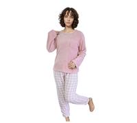 Generisch Damen Schlafanzug Lang - 2-teiliges Damen-Set für Winter unifarbenes Langarm-Oberteil mit Rundhalsausschnitt Karo-Hose mit Taschen lässiger Schnitt weichem Flanell