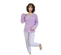 Generisch Damen Schlafanzug Lang - 2-teiliges Damen-Set für Winter unifarbenes Langarm-Oberteil mit Rundhalsausschnitt Karo-Hose mit Taschen lässiger Schnitt weichem Flanell