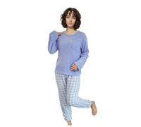 Generisch Damen Schlafanzug Lang - 2-teiliges Damen-Set für Winter unifarbenes Langarm-Oberteil mit Rundhalsausschnitt Karo-Hose mit Taschen lässiger Schnitt weichem Flanell
