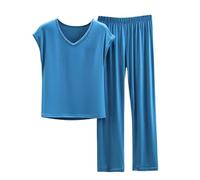 Generisch Damen Schlafanzug Set Pyjama Damen Kurz Leichtatmend Zweiteiliger Kurzarm Pyjama mit Weicher Loungehose Bequeme Nachtwäsche für Heiße Tage Große Größen & Elegantes Minimaldesign