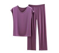 Generisch Damen Schlafanzug Set Pyjama Damen Kurz Leichtatmend Zweiteiliger Kurzarm Pyjama mit Weicher Loungehose Bequeme Nachtwäsche für Heiße Tage Große Größen & Elegantes Minimaldesign