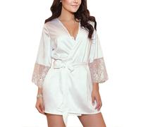 Generisch Damen Seiden Kimono Satin Morgenmantel Bademantel Spitze Dessous Nachthemd (White, XL)