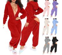 Generisch Damen Sexy Fleece Jumpsuit mit Kapuze und Öhrchen,Schlafanzug Damen Overall Mit Po Klappe,Schlafanzug Einteiler Flausching Pyjama Plüsch Onesie Kostüm Damen Sexy Outfit