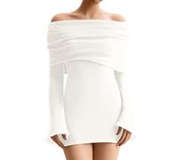 Generisch Damen Sexy Off The Shoulder Minikleid Langarm Gefaltetes Oberteil Strick Party Cocktail Kurze Kleider Sexy Kleid Damen Für Party (White, M)