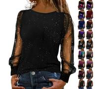 Generisch Damen Shirt XXL Schwarz Langarm Glitzer Pailletten Spitze Strass Geblümte Streifen Kariert Glamourös Festlich Silvester Party Elegant Sexy Winter Erwachsener