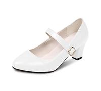 Generisch Damen Sneaker Damenschuhe mit quadratischem Absatz geschlossener Zehenpartie zum Hineinschlüpfen für legere Ausflüge Bierfeste bequemer Schnallenriemen (White 40)