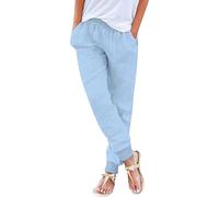 Generisch Damen Sommer Leinenhose 7/8 Leichte Freizeithose Casual Musselin Sommerhose Stoffhose Kordelzug Straight Leg Luftig Hose Mit Taschen