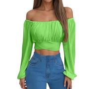 Generisch Damen Sommer Schulterfreie Crop Tops Y2K Falten Camisole Vintage Puffärmel Renaissance Bluse Rüschen Langarm Damenbluse Bandeau-Top Einfarbig Modische Sommerbluse für Strand