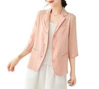 Generisch Damen Sommerblazer Aus Baumwolle und Leinen 3 4 Ärmel Leicht Ungefüttert Eleganter Freizeitblazer Arbeitsjacke mit Taschen Sommeroberbekleidung Rosa Größe S
