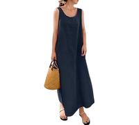 Generisch Damen Sommerkleid Aus Baumwoll Leinen Mischgewebe mit Rundhalsausschnitt Taschen Lässiges Ärmelloses Langes Kleid für Damen Sommer Strandkleid Kaftan Boho Strandpartykleid Marineblau XXL