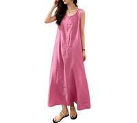 Generisch Damen Sommerkleid Aus Baumwoll Leinen Mischgewebe mit Rundhalsausschnitt Taschen Lässiges Ärmelloses Langes Kleid für Damen Sommer Strandkleid Kaftan Boho Strandpartykleid Rosa L