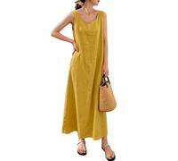 Generisch Damen Sommerkleid Aus Baumwoll Leinen Mischgewebe mit Rundhalsausschnitt Taschen Lässiges Ärmelloses Langes Kleid für Damen Sommer Strandkleid Kaftan Boho Strandpartykleid Gelb XXL