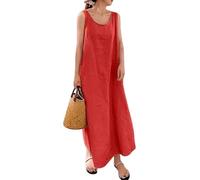 Generisch Damen Sommerkleid Aus Baumwoll Leinen Mischgewebe mit Rundhalsausschnitt Taschen Lässiges Ärmelloses Langes Kleid für Damen Sommer Strandkleid Kaftan Boho Strandpartykleid Rot XXL