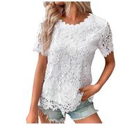 Generisch Damen Spitze Sommer Bluse Stretch Rundhalsausschnitt Shirt Elegant Rüsche Kurzarm Tops Casual Mode Gemusterte Kleidung Tops Einfarbig Shirt Boho Oberteile Für Frauen