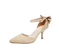 Generisch Damen Stiletto-Absatz-Knöchelriemen-Pumps Spitze Zehe Übergroße Schleife PU Wildleder Verstellbar Sommer Urban Date Urlaub Hochzeit Modische Schuhe,Beige,40 EU