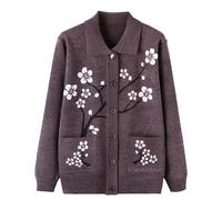 Generisch Damen Strickjacke,Strickjacken für Ältere Menschen mittleren Alters und Senioren Jacquard Pullover mit Revers Langärmelige Oberteile Übergangsoberbekleidung für Omas Braun L