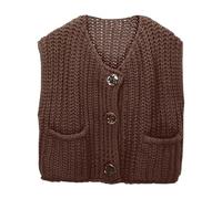 Generisch Damen Strickweste Ärmellos Pullunder Weste Einfarbig Kariert Teenager Mädchen Freizeit Strickpulli Elegant Pulli Oberteile Pullover Vest Business Strick Warme Mäntel, Kaffee, M