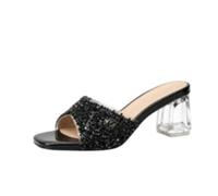 Generisch Damen Viereck Zeh Mules Klarer Blockabsatz Kristall Offene Zehe | Damen Slides Quadratische Zehen Kristall Besatz Transparenter Blockabsatz Klare Mules Offene Zehen Abend Schuhe