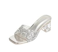 Generisch Damen Viereck Zeh Mules Klarer Blockabsatz Kristall Offene Zehe | Damen Slides Quadratische Zehen Kristall Besatz Transparenter Blockabsatz Klare Mules Offene Zehen Abend Schuhe