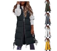 Generisch Damen Weste Lang Mit Kapuze Steppweste Ärmellose Warme Daunenweste Reißverschluss Mantel Übergangsweste Große Tasche Leichte Und Casual Outdoor Winterjacke Einfarbig Longweste Schwarz L