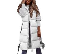 Generisch Damen Weste Lang Mit Kapuze Steppweste Ärmellose Warme Daunenweste Reißverschluss Mantel Übergangsweste Große Tasche Leichte Und Casual Outdoor Winterjacke Einfarbig Longweste Weiß Xl
