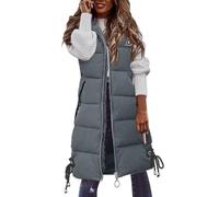 Generisch Damen Weste Lang Mit Kapuze Steppweste Ärmellose Warme Daunenweste Reißverschluss Mantel Übergangsweste Große Tasche Leichte Und Casual Outdoor Winterjacke Einfarbig Longweste Grey 4Xl