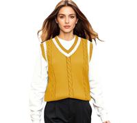 Generisch Damen Westen Ärmellos Pullover Vintage Casual Kariert Teenager Mädchen Freizeit Oversize Tanktop Pulli Oberteile Vest Strickpullover Stricken Weste Pullunder Mäntel, Gelb, S