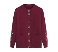 Generisch Damen Winter Strickjacken Fleece Gefüttert mittleren Alters und Älteren Gestrickten Strickjacke Pullover Elegante Bestickte Pullover Mantel Dicken Strickmantel Winterjacke Weinrot M