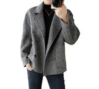 Generisch Damen Wintermantel Aus Wolle Kurz Kariert Hahnentrittmuster Cabanjacke mit Revers Zweireihiger Mantel Rundhalsjacke mit Taschen Herbst/Winter Tweed Oberbekleidung Schwarz Größe S