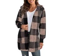 Generisch Damen Wintermantel Warme Plüschjacke mit Kapuze Up Button Cardigan Trendy Plaid Fuzzy Oberbekleidung Cardigan Damen (Brown, XL)