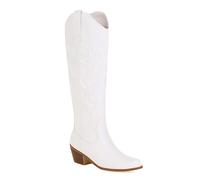 Generisch Damen Zum Reinschlüpfen Kniehohe Stiefel Mit Stickerei Genähte Blockabsatz Langen Stiefeln Runde Zehen Western-Cowboystiefel,White Velvet Lining,40 EU