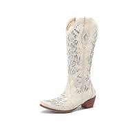 Generisch Damen Zum Reinschlüpfen Kniehohe Stiefel Mit Strass Block Ferse Western-Stiefel Mit Stickerei Spitz Zehen PU-Leder Lange Stiefel,Beige,37.5 EU