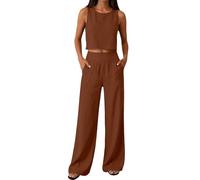 Generisch Damen Zweiteiler Einfarbig Rundhals Weste Ärmellos Gerade Hose Lässig Set Oberteile und Elastische Taille Hose Atmungsaktiv Bequem Leicht Locker Loungewear