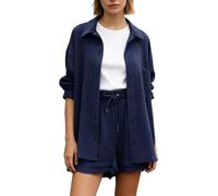 Generisch Damen Zweiteiler Langarm Hemd Einfarbig Shirt High Waist Shorts mit Kordelzug Lässig Sommer Set T-Shirt und Shorts Set Atmungsaktiv Bequem Loungewear Freizeitanzug für Alltag Urlaub