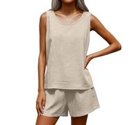 Generisch Damen Zweiteiler Rundhals Ärmellos Top Einfarbig Shorts Lässig Sommer Set Shorts und Shirt Set Atmungsaktiv Bequem Loungewear Freizeitanzug