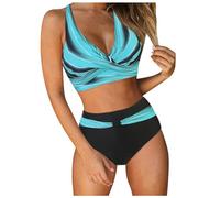 Generisch Damen Zweiteiliger Push Up Crossover Badeanzug V Ausschnitt überkreuztes Blumenmuster Bikini Bademode Bauchkontrolle Bikini Sets High Waist Swimsuit Sommer Strand