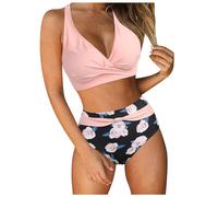 Generisch Damen Zweiteiliger Push Up Crossover Badeanzug V Ausschnitt überkreuztes Blumenmuster Bikini Bademode Bauchkontrolle Bikini Sets High Waist Swimsuit Sommer Strand