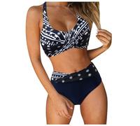 Generisch Damen Zweiteiliger Push Up Crossover Badeanzug V Ausschnitt überkreuztes Blumenmuster Bikini Bademode Bauchkontrolle Bikini Sets High Waist Swimsuit Sommer Strand