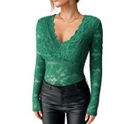 Generisch Damenbluse mit Floraler Spitze Muschelsaum Langen Ärmeln und V-Ausschnitt Elegantes Oberteil Sexy Durchsichtige Spitzenbluse Transparentes Unterhemd Dunkelgrün Größe Xs
