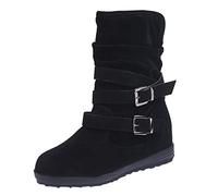Generisch Damenschnalle Keep Toe Schuhe Booties Warm Mittlerer Riemen Farbe Runde Solide Flache Retro Damenstiefel (Black, 37)