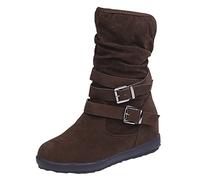 Generisch Damenschnalle Keep Toe Schuhe Booties Warm Mittlerer Riemen Farbe Runde Solide Flache Retro Damenstiefel (Coffee, 37)