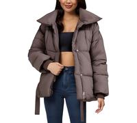 Generisch Daunenjacke Damen mit Gürtel Sim Fit Steppjacke Warm Übergangsjacke Einfarbig Puffer Jacke Winter Outdoorjacke Winterjacke Wattierte Jacke Wintermantel Elegant(Kaffee,XXL)