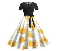 Generisch Dirndl Damen Lang, Kleid Damen, Damen Sommerkleid Rundhalsausschnitt Kurzärmelig Abnehmbarer Gürtel Oktoberfest Print Lässiges Kleid